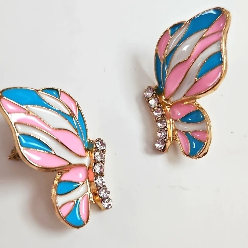 Butterfly Enamel Earrings With Rhinestones - Pink, Blue, White, Gold Tone, NWT
